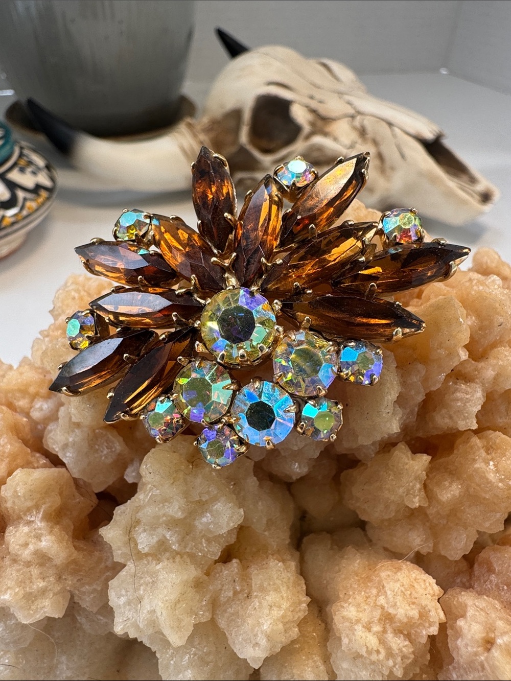 Aurora Borealis and Amber Crystal Floral Brooch - Women Jewelry